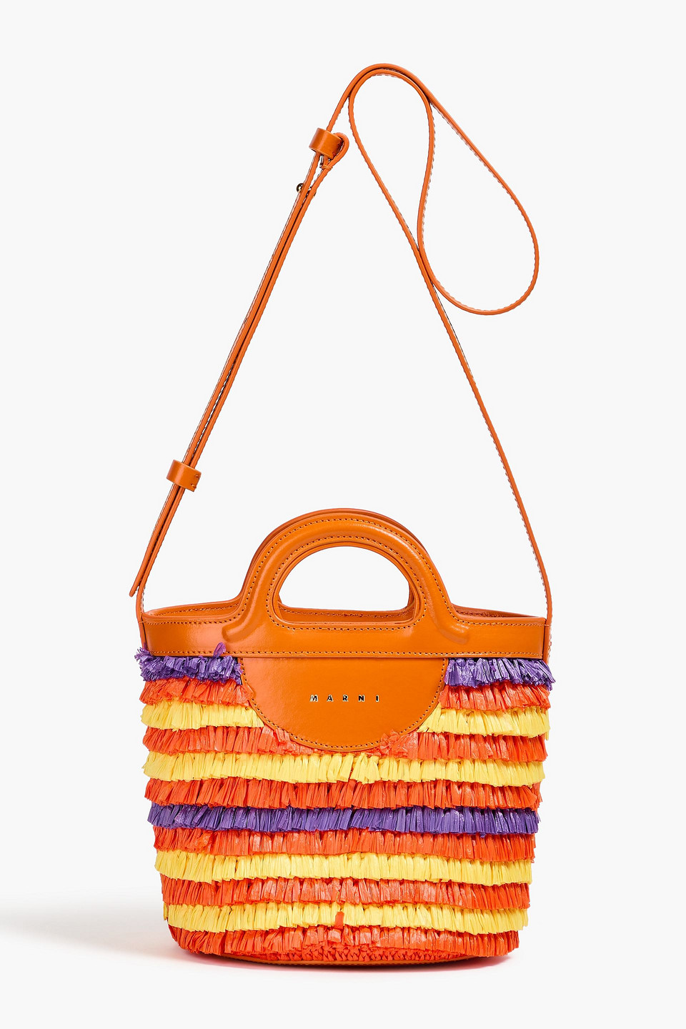 Marni Tropicalia Leather-trimmed Faux Raffia Bucket Bag In Orange