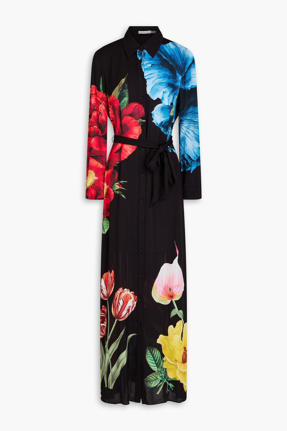 Alice And Olivia Chassidy Floral-print Silk-blend Crepe De Chine Maxi Shirt Dress In Black