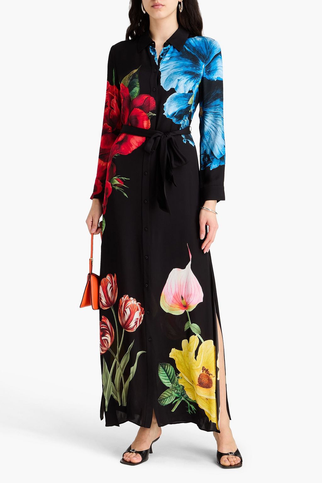 ALICE + OLIVIA シルククレープデシン マキシシャツワンピース フローラルプリント