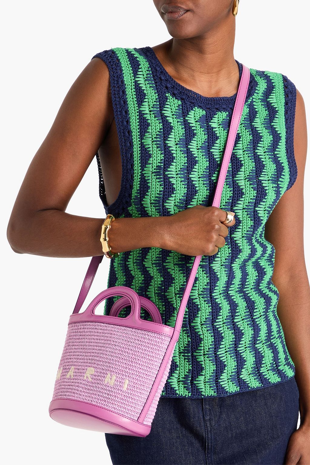 MARNI Tropicalia leather-trimmed faux raffia bucket bag