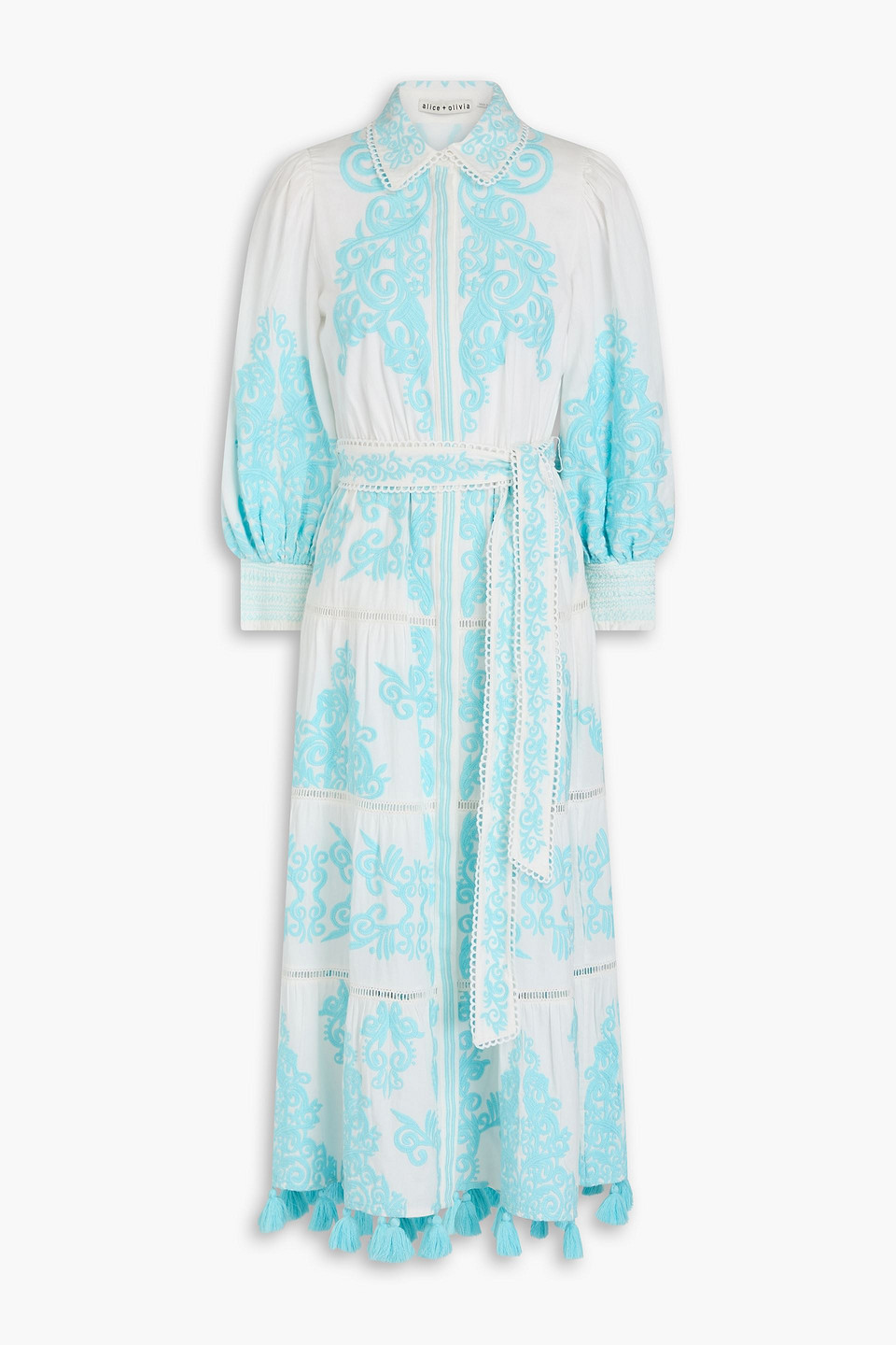 Alice And Olivia Shira Tasseled Embroidered Cotton Midi Shirt Dress In Sky Blue