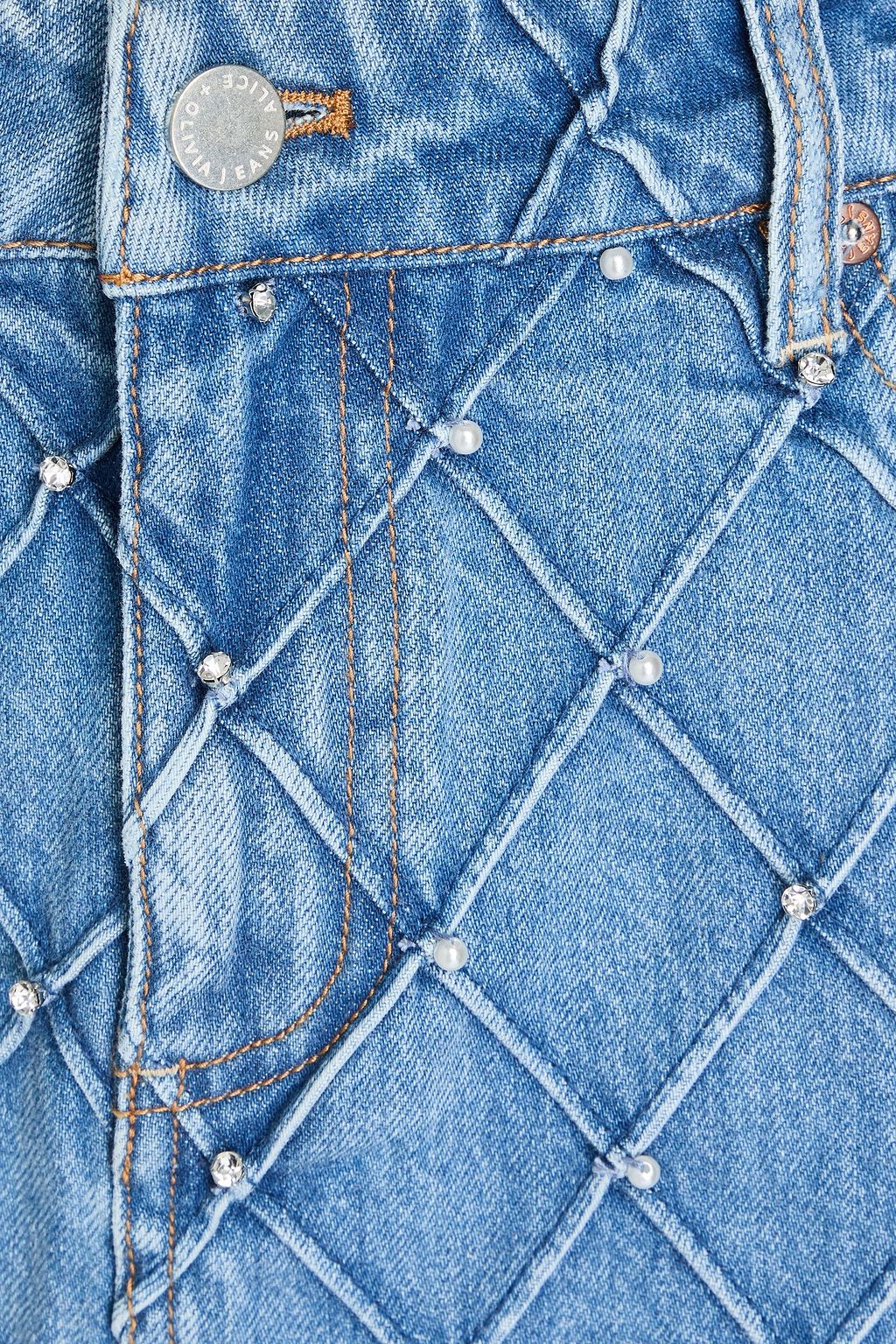 ALICE + OLIVIA JEANS تنورة جوس قصيرة من الدنيم مزيّنة بالكريستال