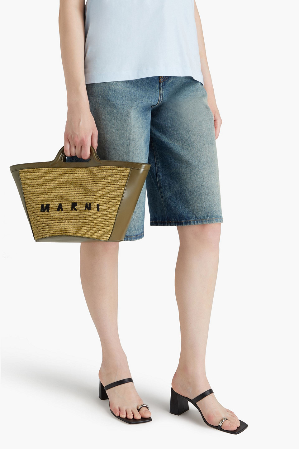 MARNI TROPICALIA LEATHER-TRIMMED FAUX RAFFIA TOTE 