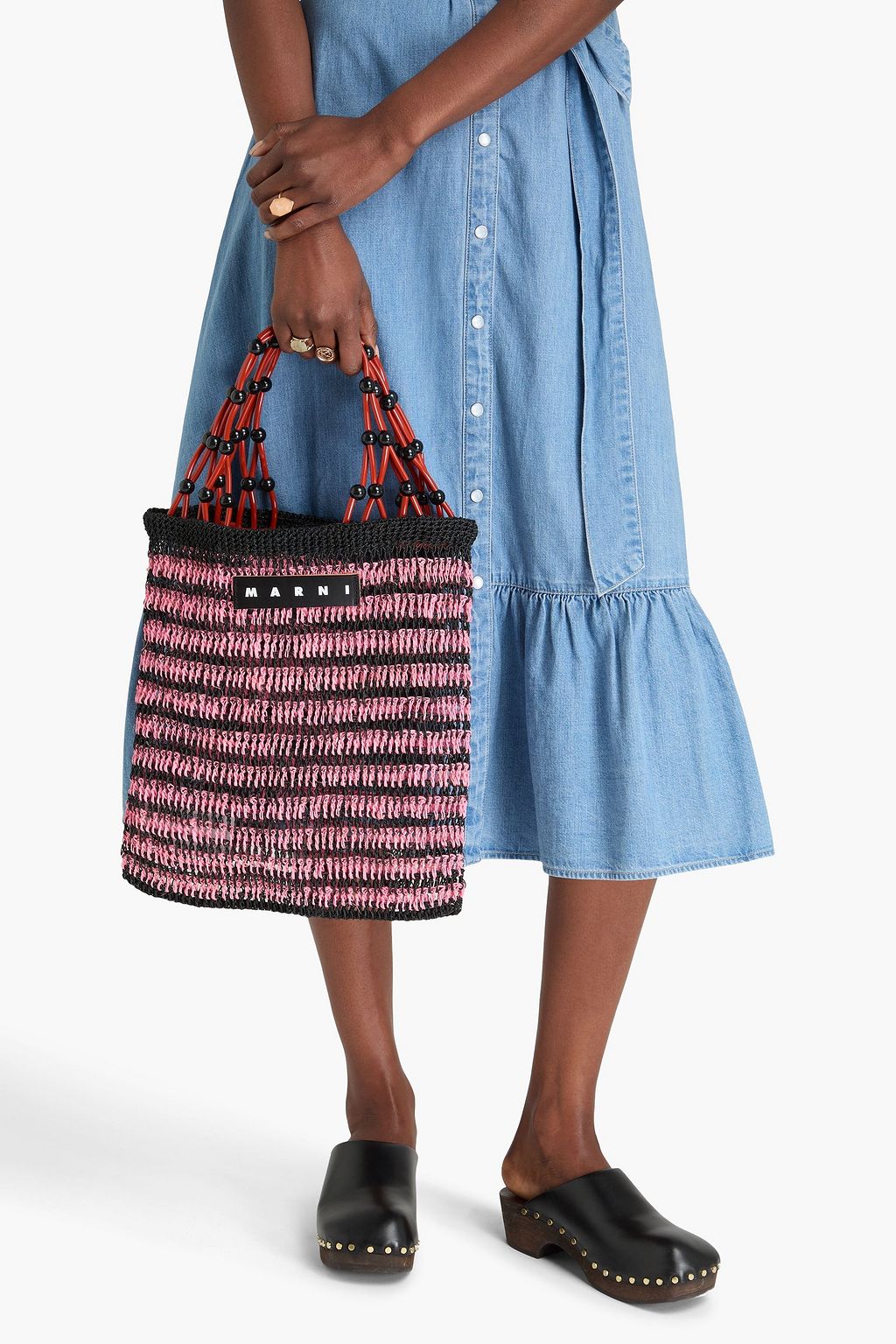 MARNI Embellished striped faux raffia tote