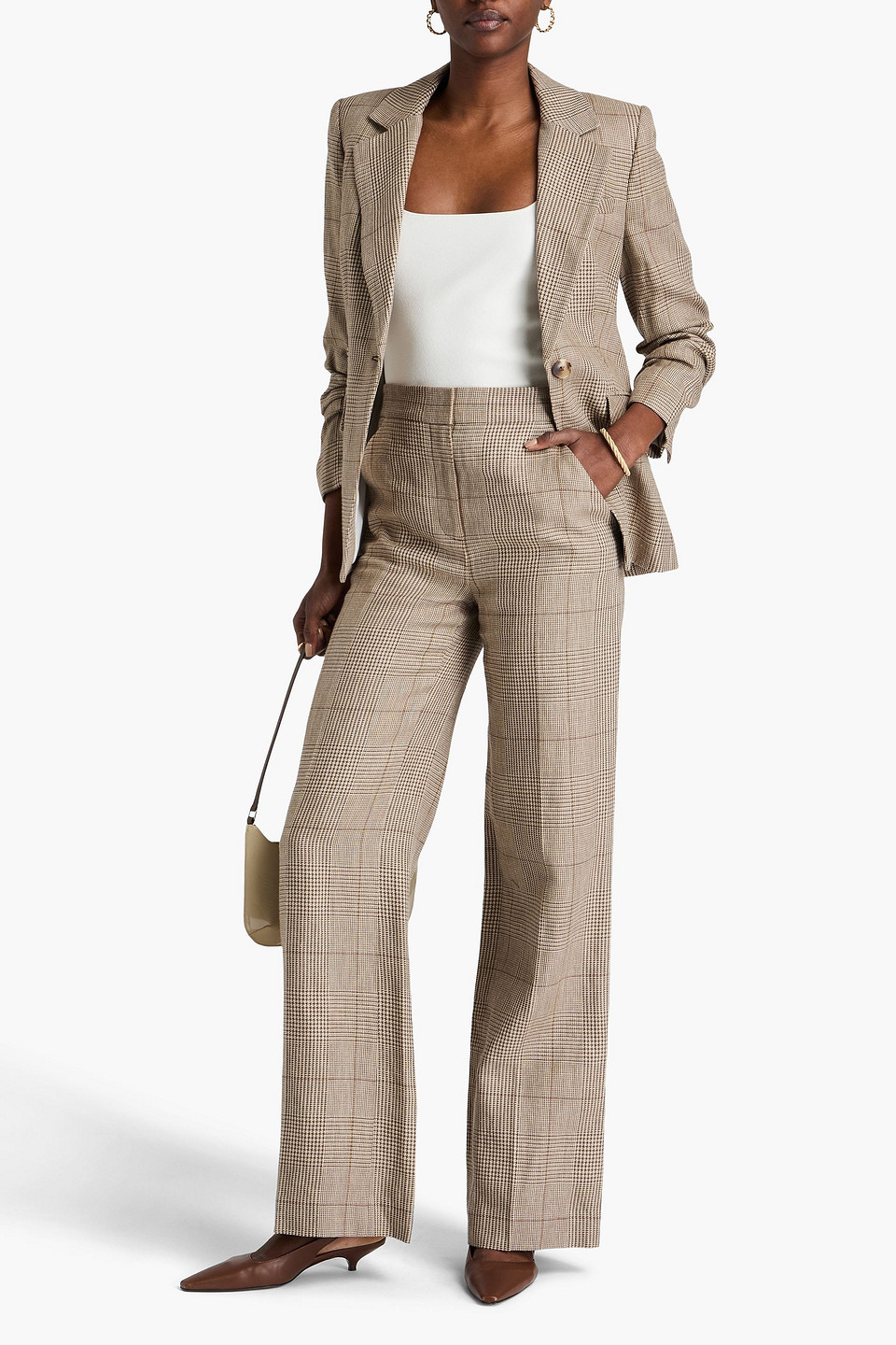 Veronica Beard Tonelli Prince Of Wales Checked Linen And Cotton-blend Wide-leg Pants In Mushroom