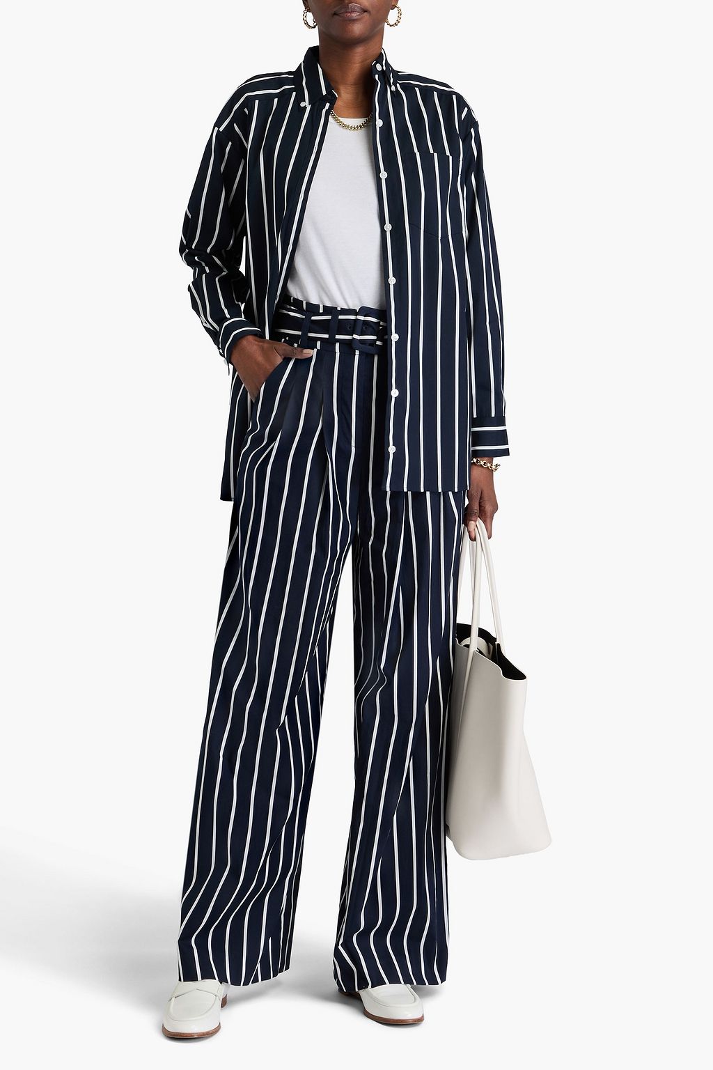 VERONICA BEARD Maliyah belted striped stretch-cotton poplin wide-leg pants