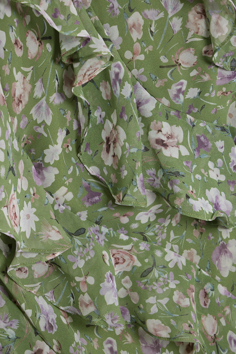 Shop Mikael Aghal Ruffled Floral-print Chiffon Gown In Leaf Green