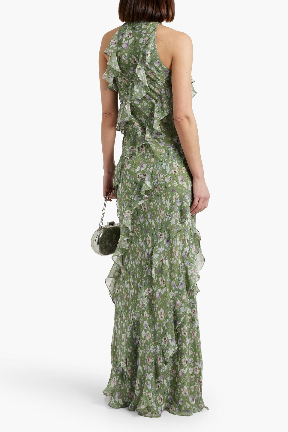 Shop Mikael Aghal Ruffled Floral-print Chiffon Gown In Leaf Green