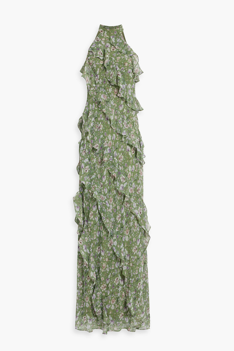 Ruffled floral-print chiffon gown
