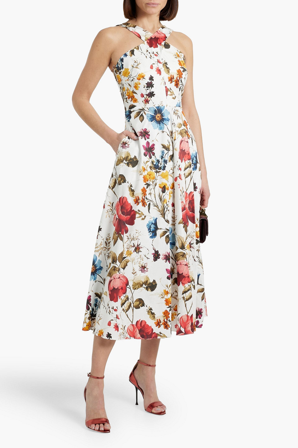 Mikael Aghal Floral-print Cotton-blend Broadcloth Midi Dress In White