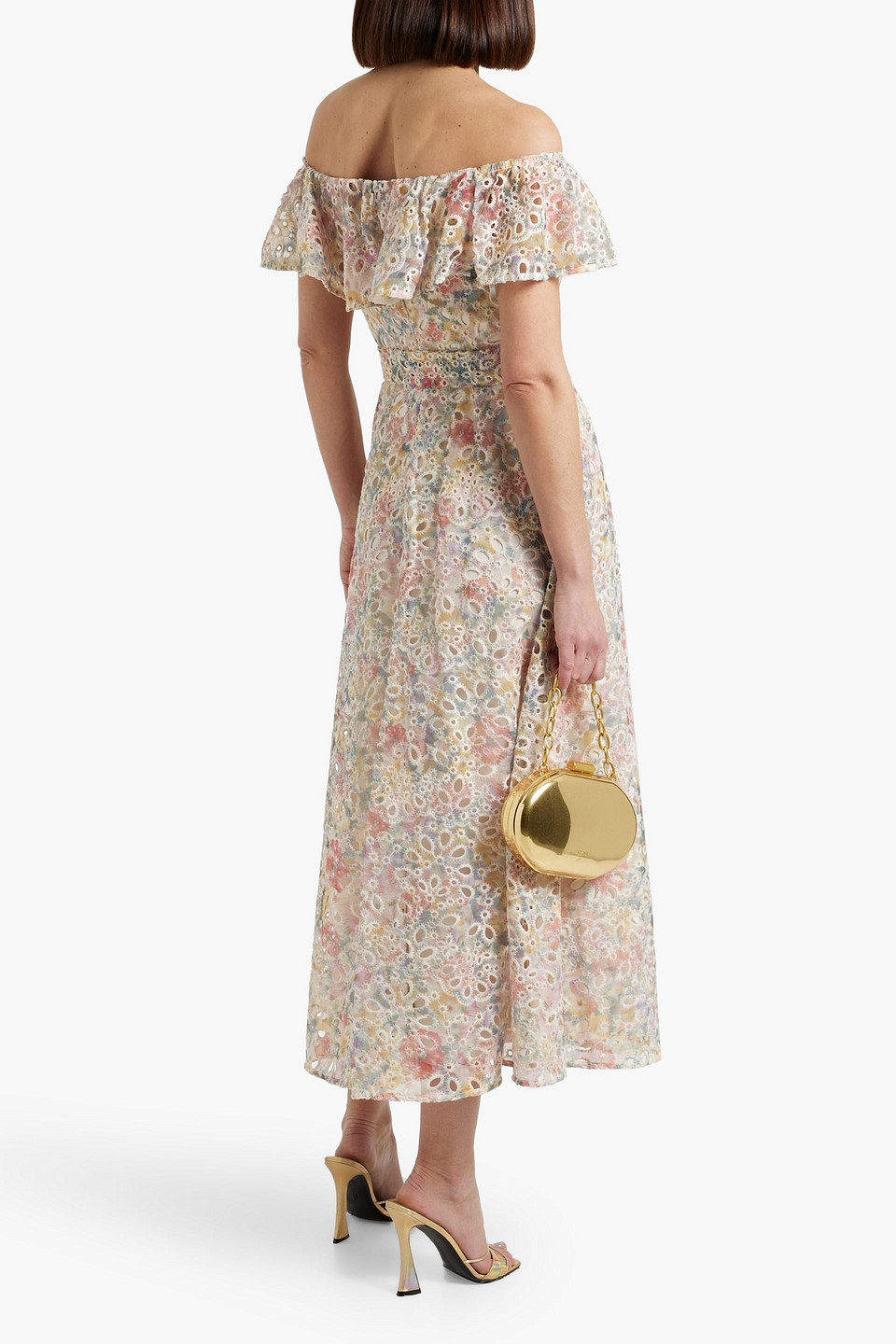Mikael Aghal Off-the-shoulder Printed Broderie Anglaise Midi Dress In Multicolor
