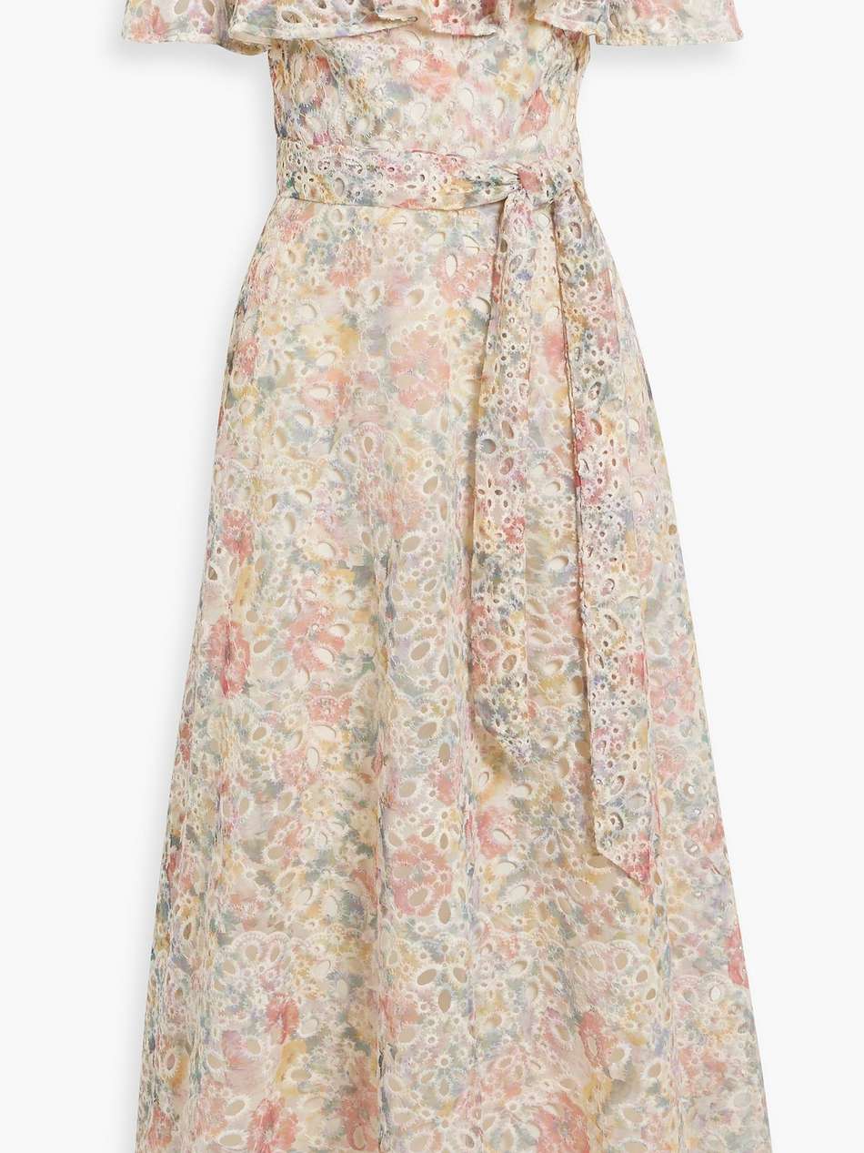 off-the-shoulder printed broderie anglaise midi dress