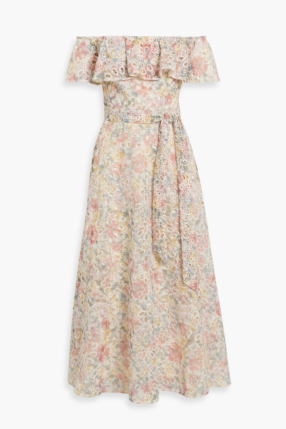 Off-the-shoulder printed broderie anglaise midi dress
