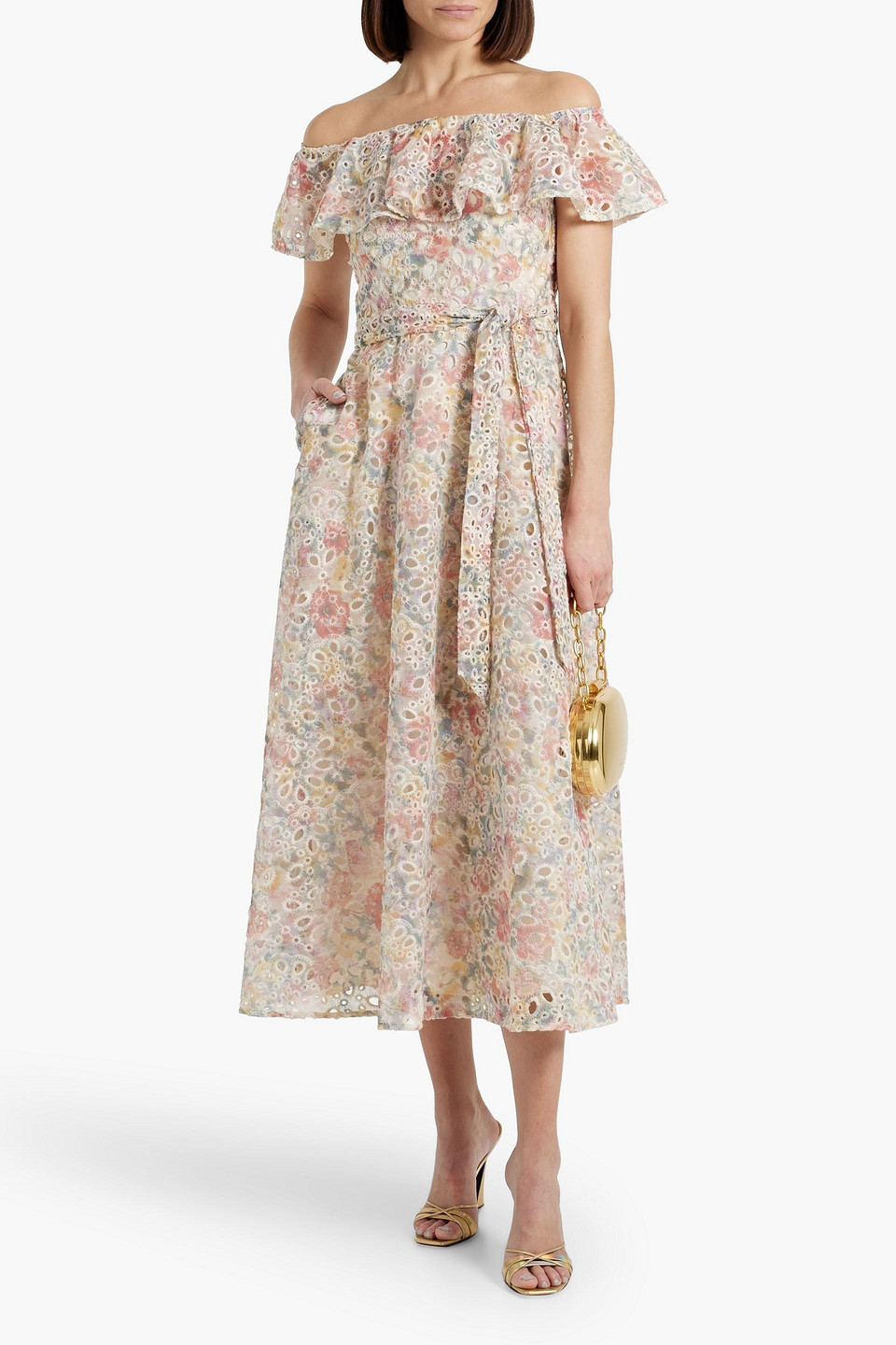 Mikael Aghal Off-the-shoulder Printed Broderie Anglaise Midi Dress In Multicolor