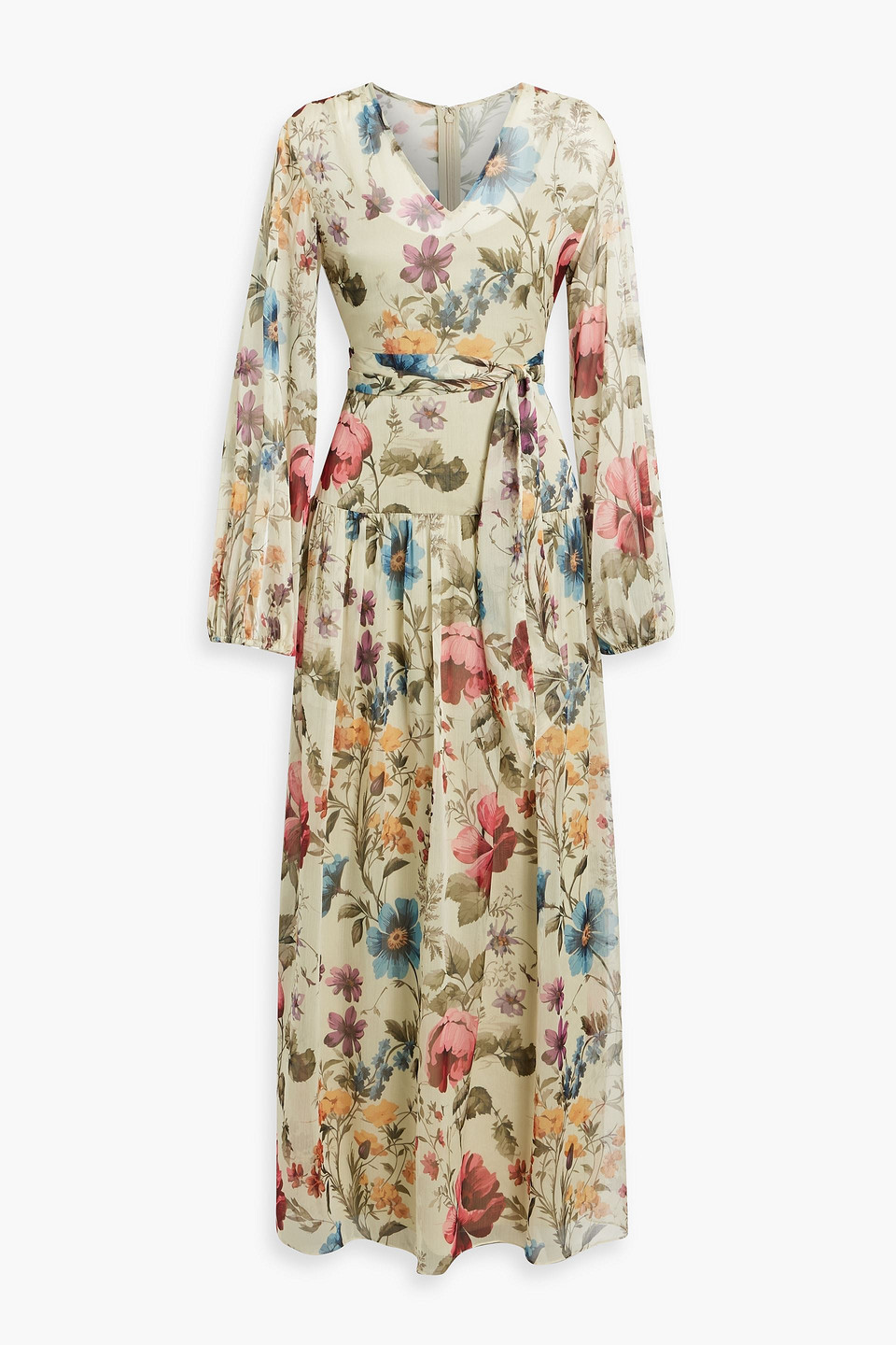 Belted floral-print chiffon maxi dress