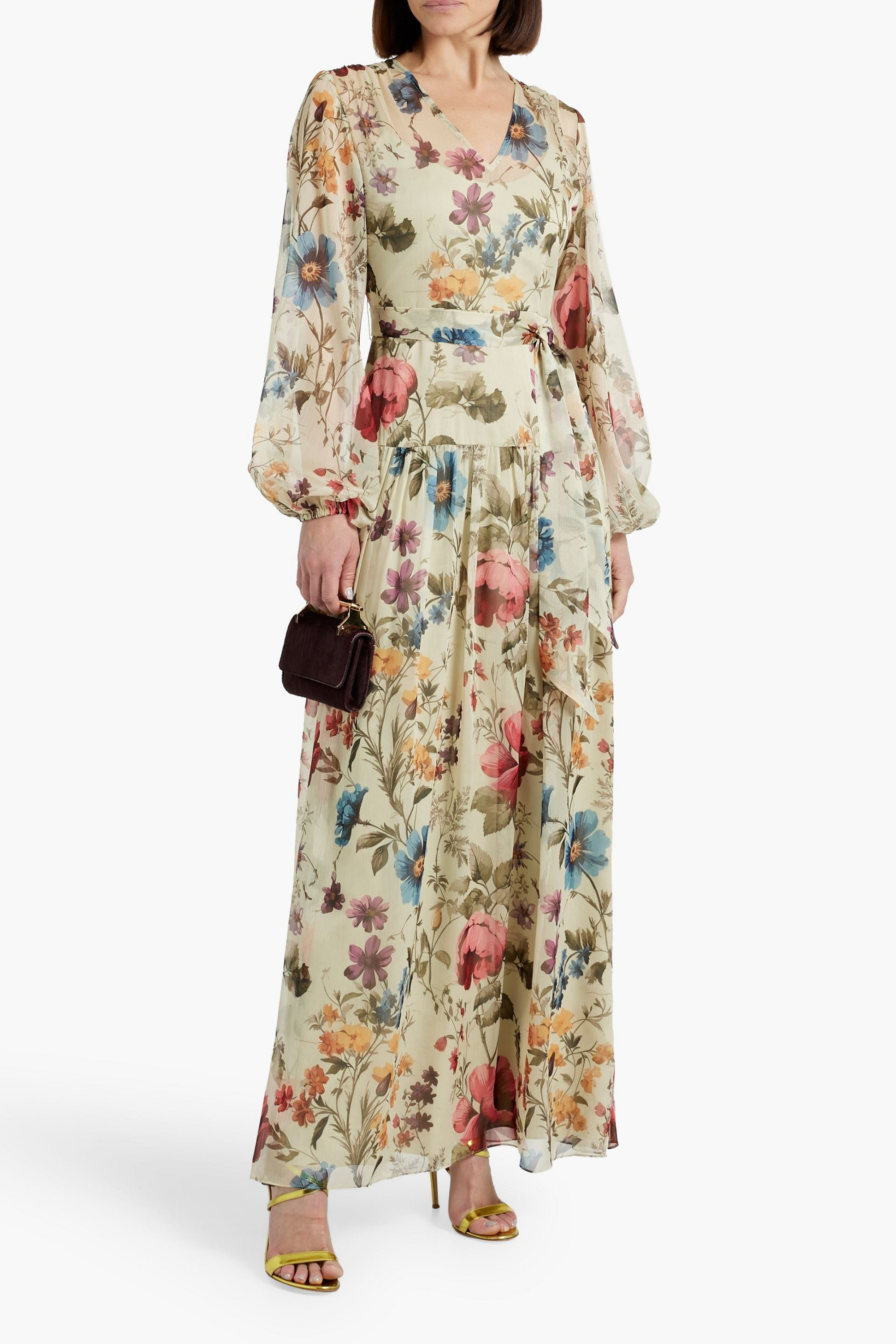 MIKAEL AGHAL Belted floral-print chiffon maxi dress