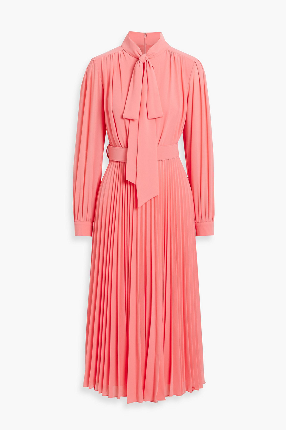 Pussy-bow pleated chiffon midi dress