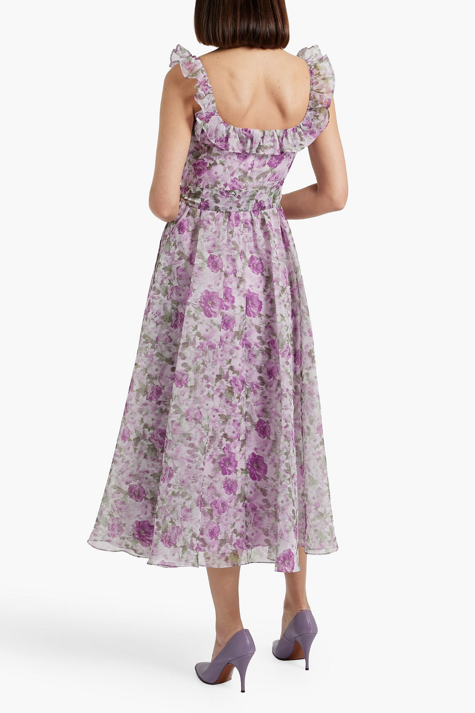 Mikael Aghal Ruffled Floral-print Organza Midi Dress In Lilac