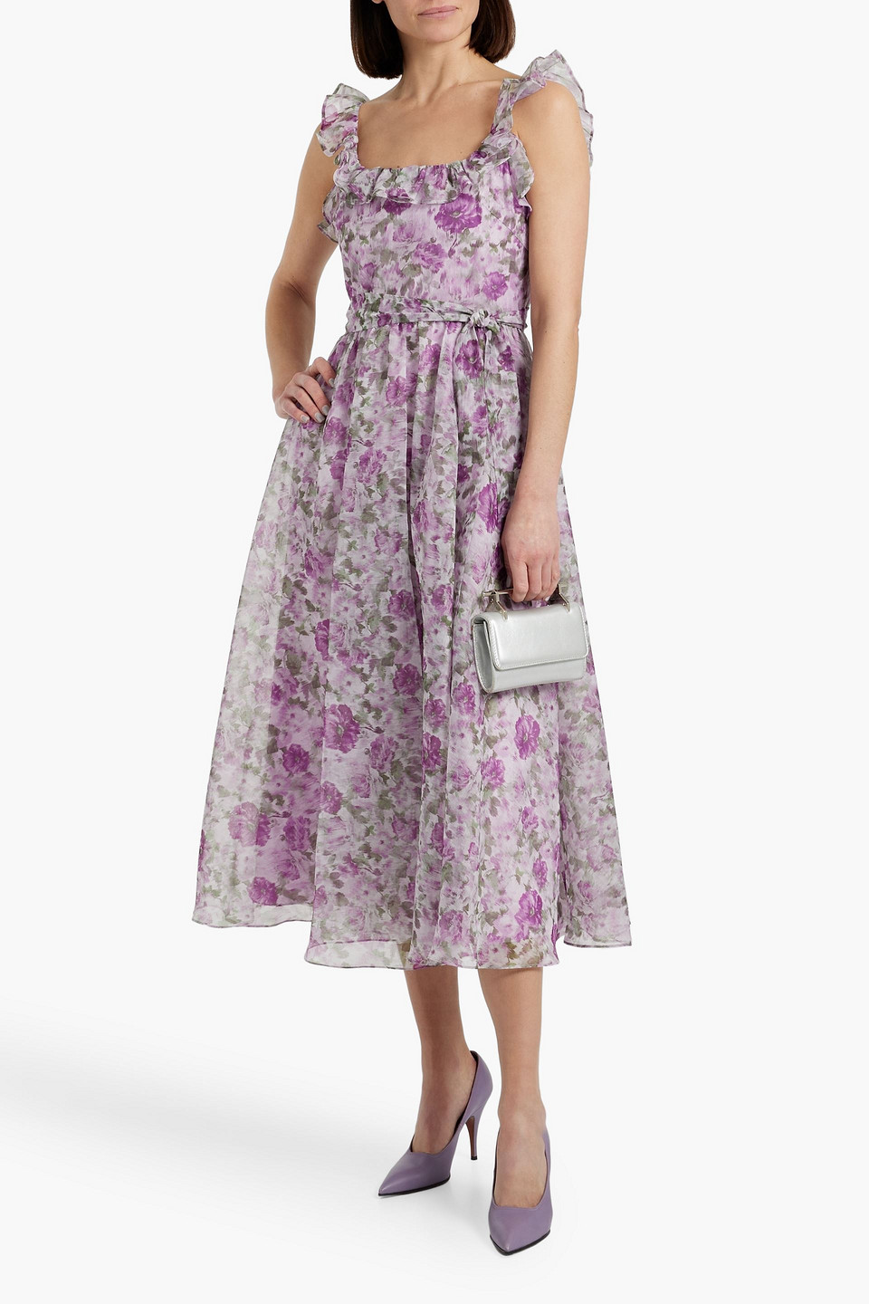 Mikael Aghal Ruffled Floral-print Organza Midi Dress In Lilac
