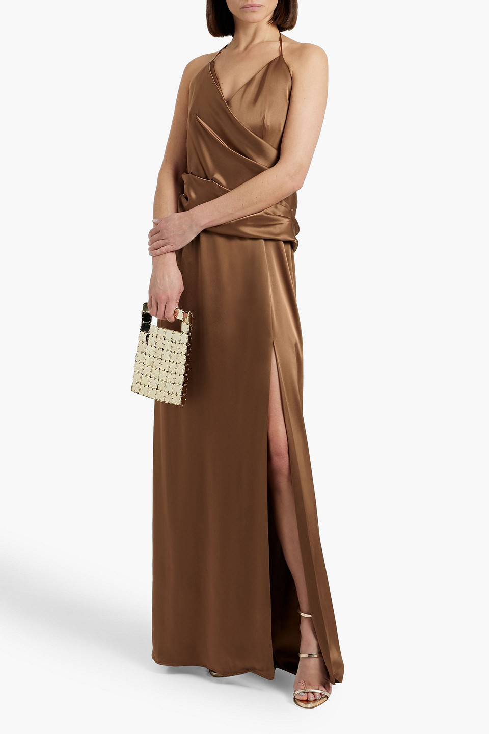 Carolina Herrera Draped Satin Halterneck Gown In Brown
