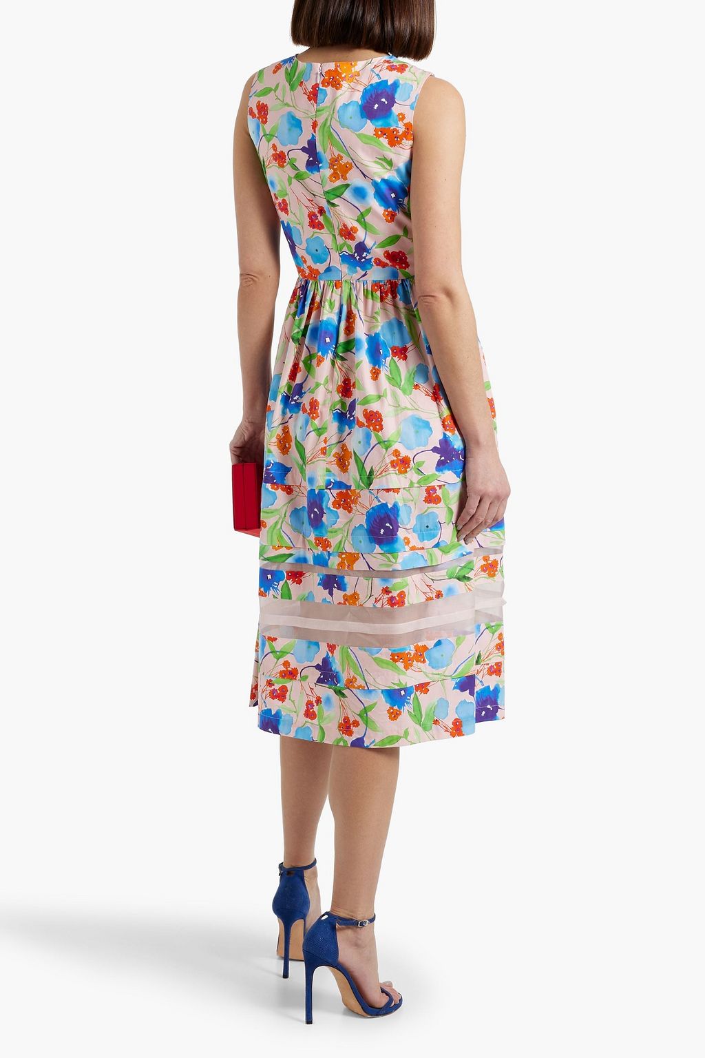 CAROLINA HERRERA Organza-trimmed floral-print cotton-poplin midi dress