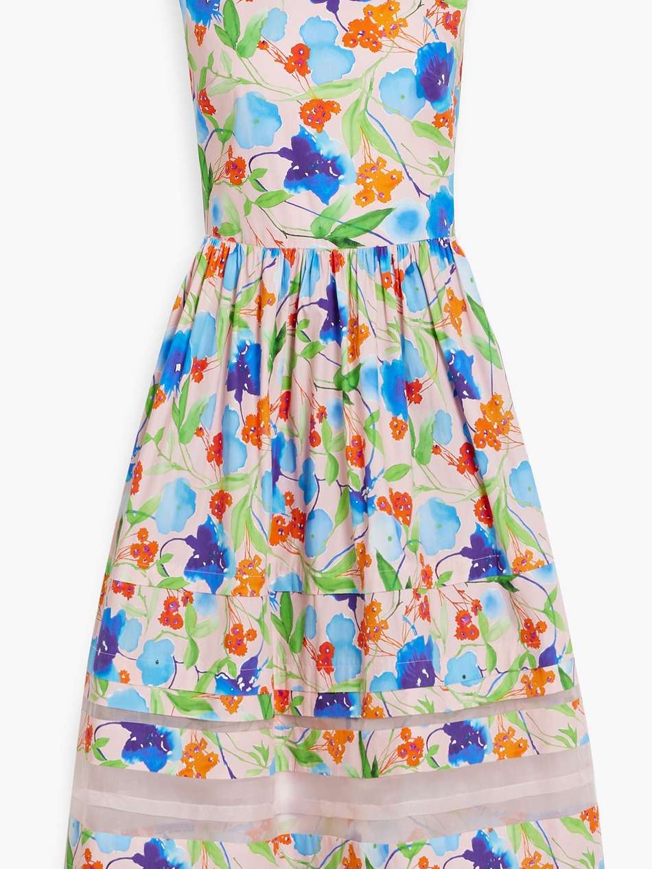 organza-trimmed floral-print cotton-poplin midi dress