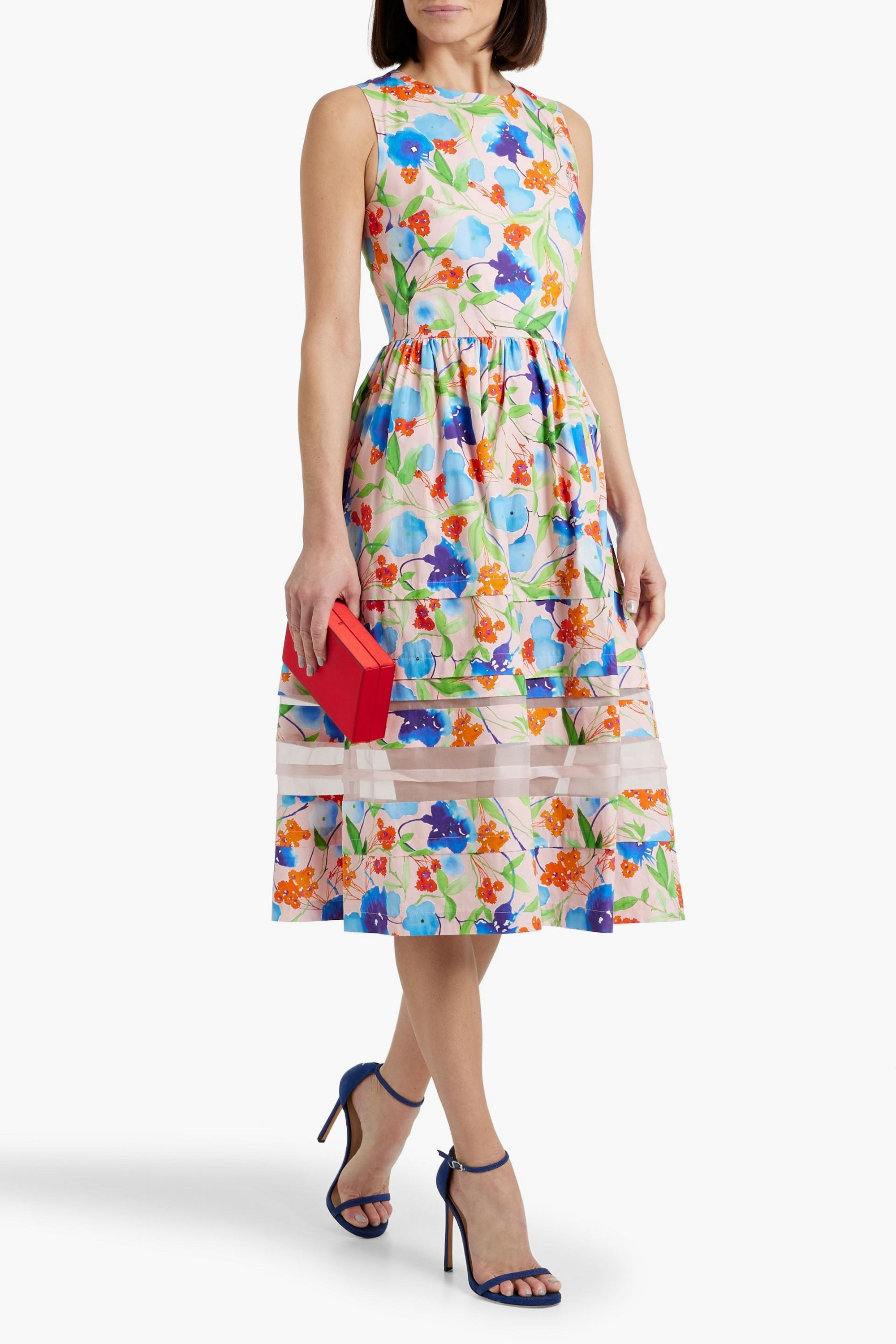 Carolina Herrera Organza-trimmed floral-print cotton-poplin midi dress