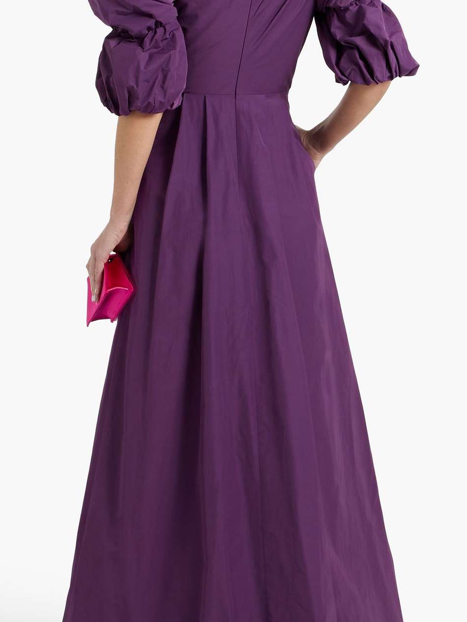 one-shoulder draped taffeta gown
