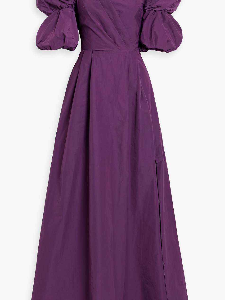 one-shoulder draped taffeta gown
