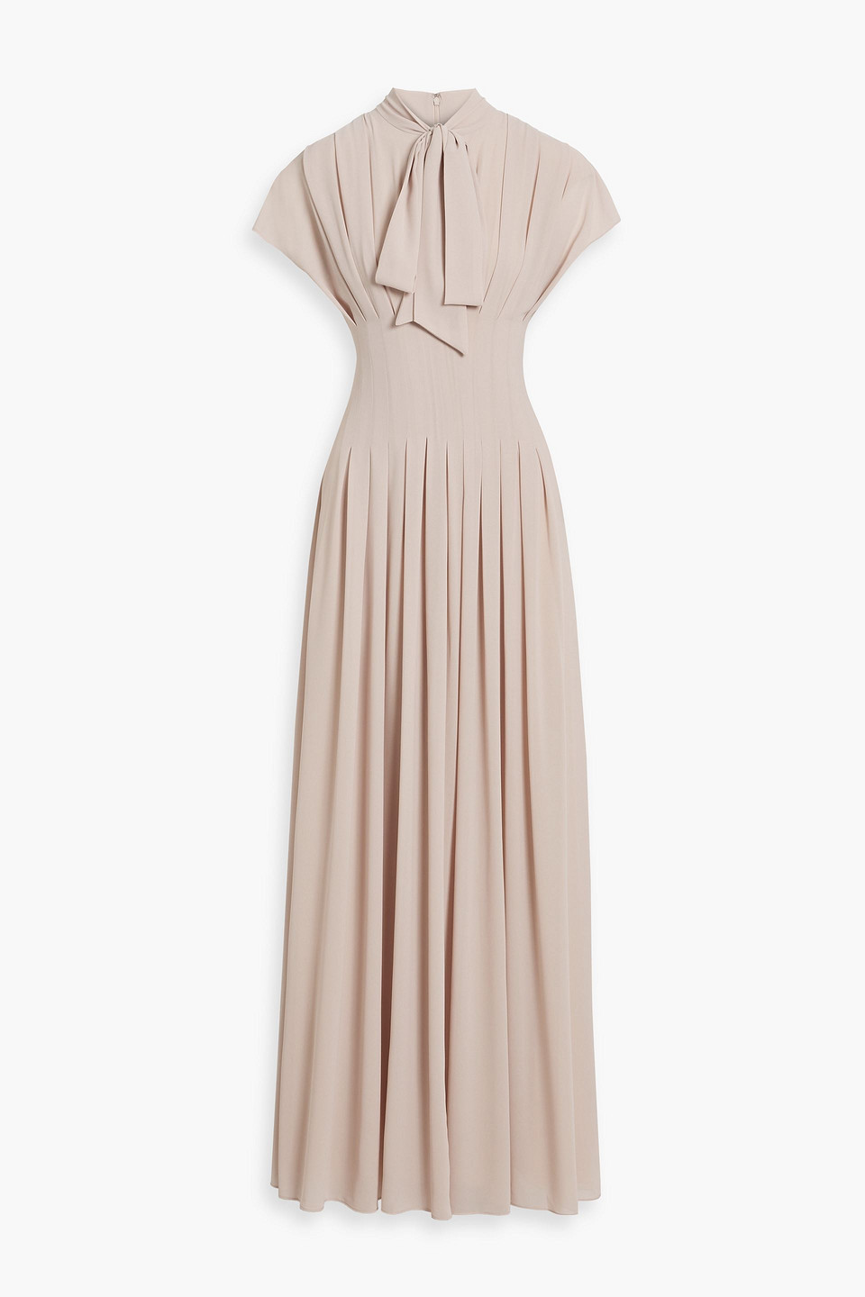 Pussy-bow pleated chiffon maxi dress