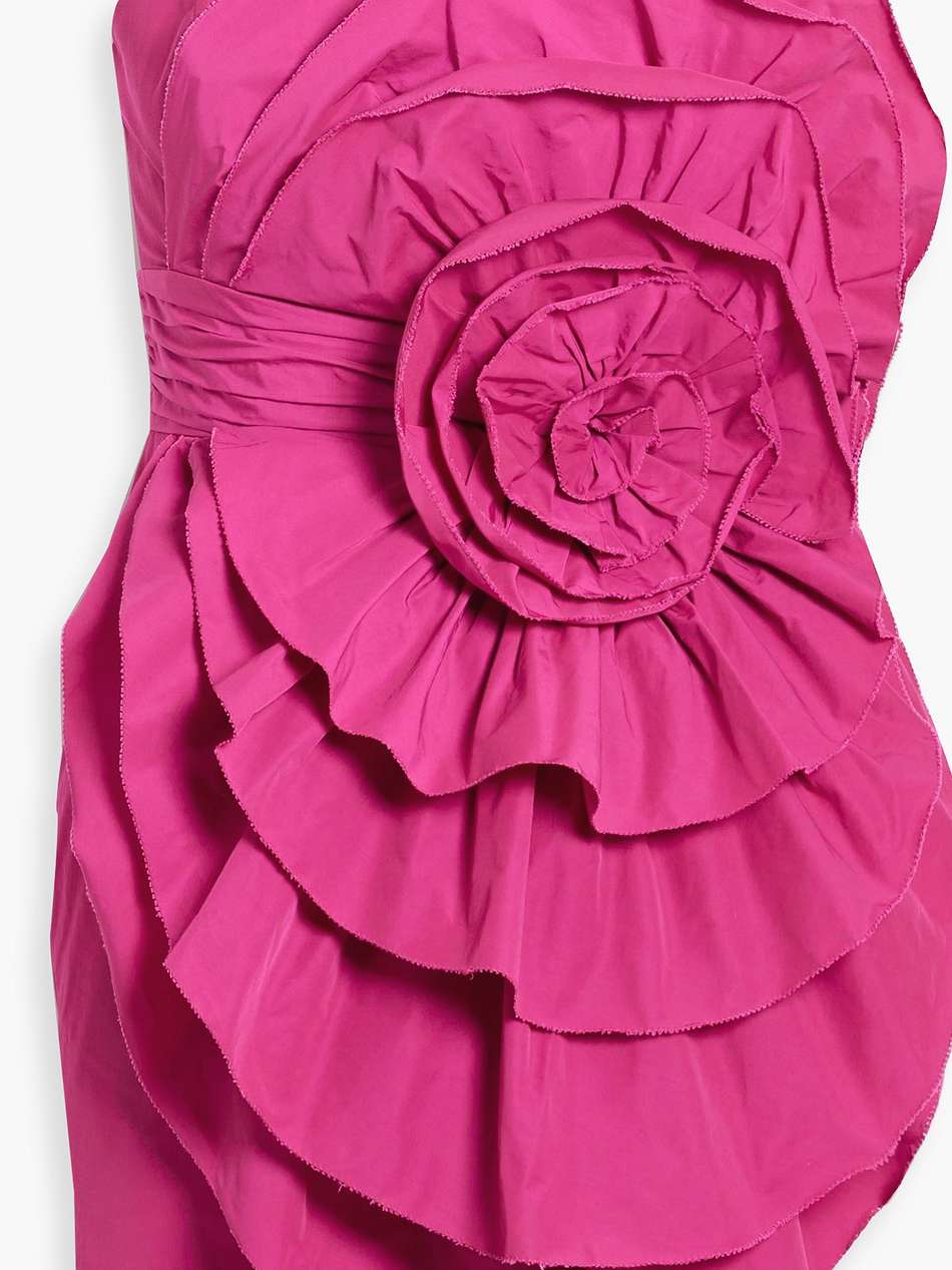 strapless floral-appliquéd ruffled taffeta mini dress