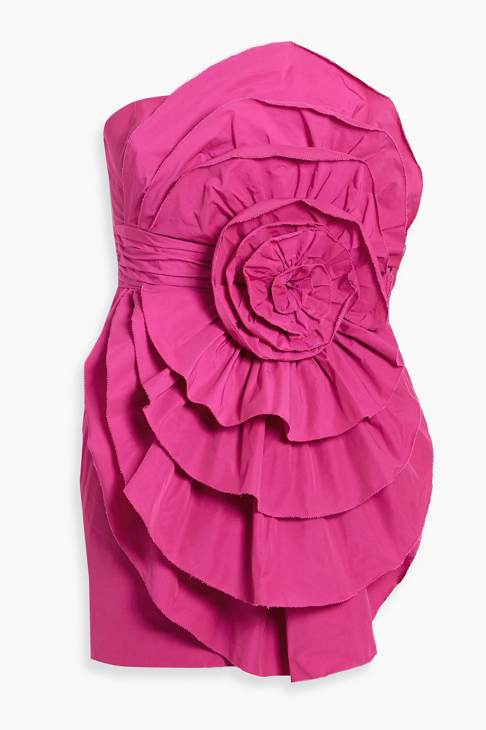 Marchesa Notte Strapless Floral-appliquéd Ruffled Taffeta Mini Dress In Fuchsia