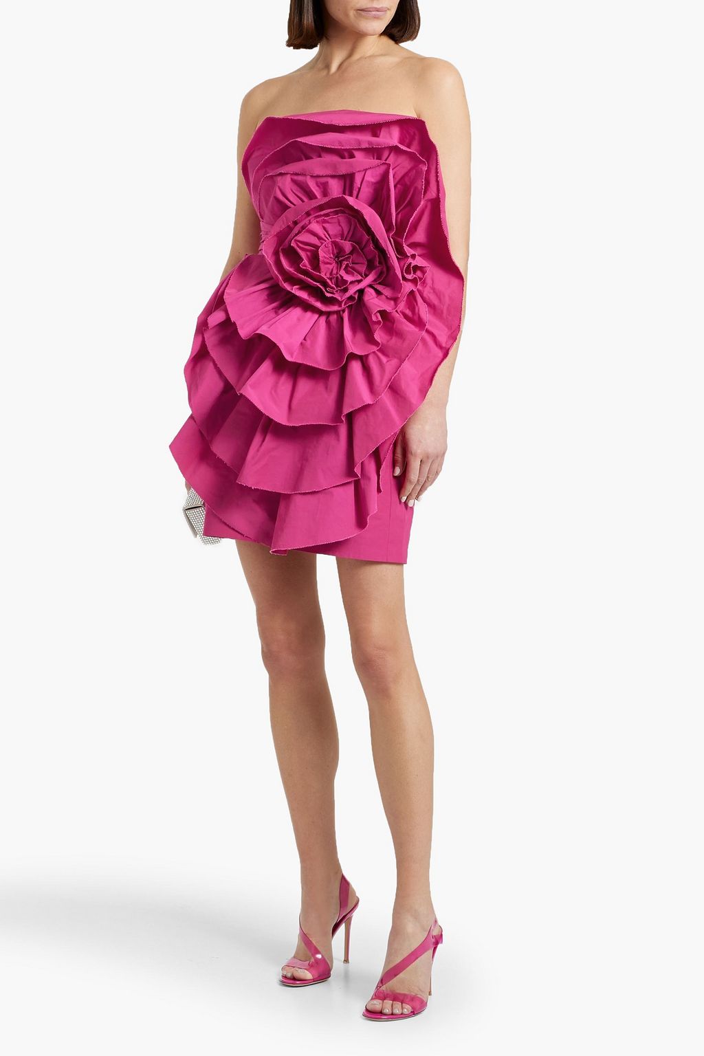 MARCHESA NOTTE タフタ ミニワンピース ストラップレス フローラルアップリケ付き ラッフル付き