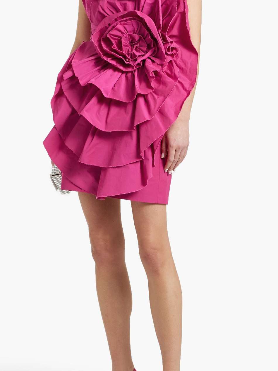 strapless floral-appliquéd ruffled taffeta mini dress