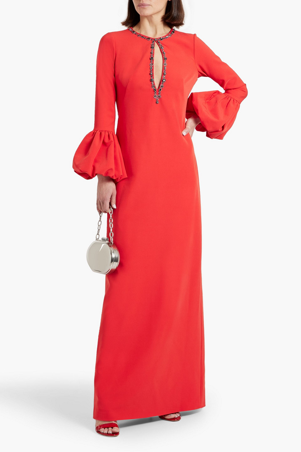 MARCHESA NOTTE CUTOUT EMBELLISHED CREPE GOWN