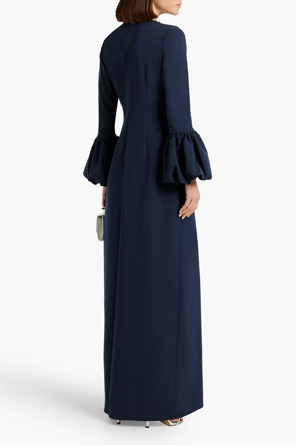 Marchesa Notte Embellished Long Sleeve Crepe Gown In Navy