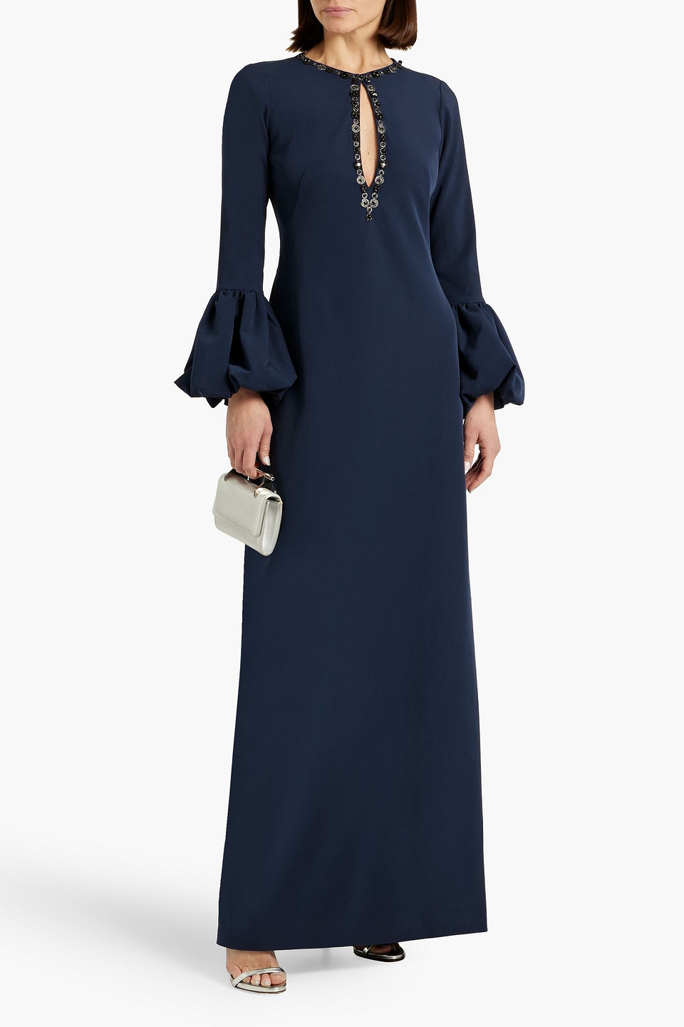 Marchesa Notte Embellished Long Sleeve Crepe Gown In Navy