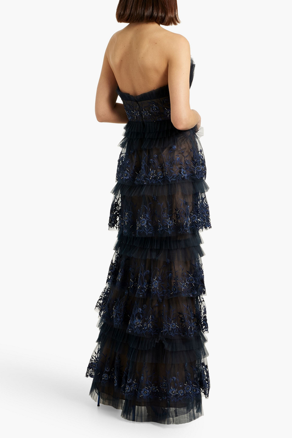 MARCHESA NOTTE STRAPLESS TIERED EMBELLISHED TULLE GOWN