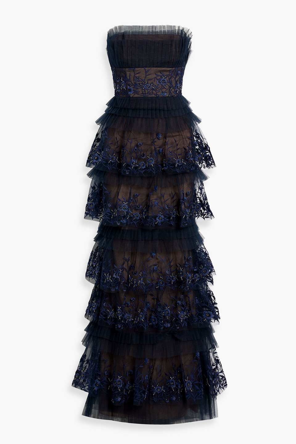 MARCHESA NOTTE STRAPLESS TIERED EMBELLISHED TULLE GOWN
