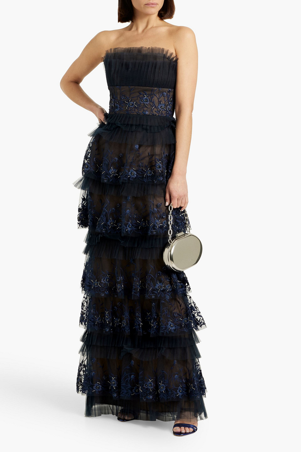 MARCHESA NOTTE STRAPLESS TIERED EMBELLISHED TULLE GOWN
