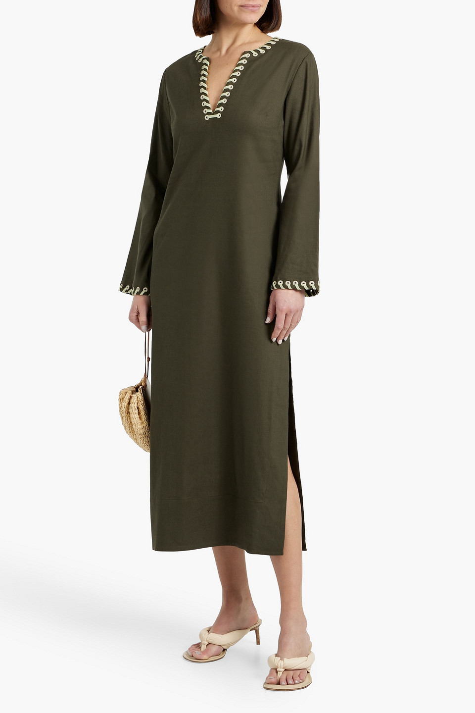 SIMKHAI DALTA EMBELLISHED LINEN-BLEND MIDI DRESS