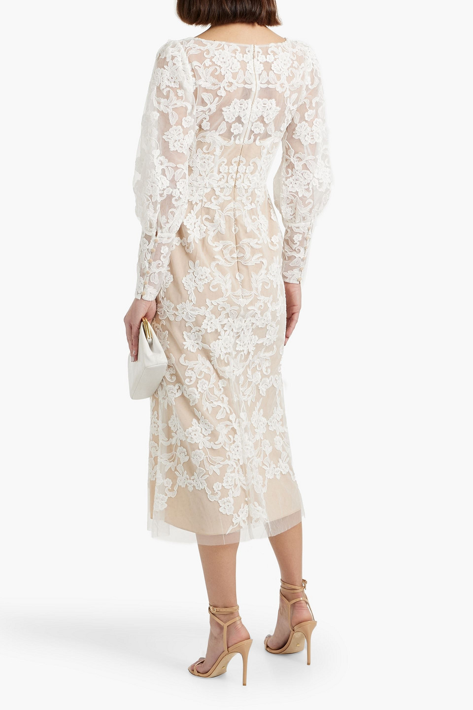 MARCHESA NOTTE FLORAL-APPLIQUÉD CORDED LACE MIDI DRESS