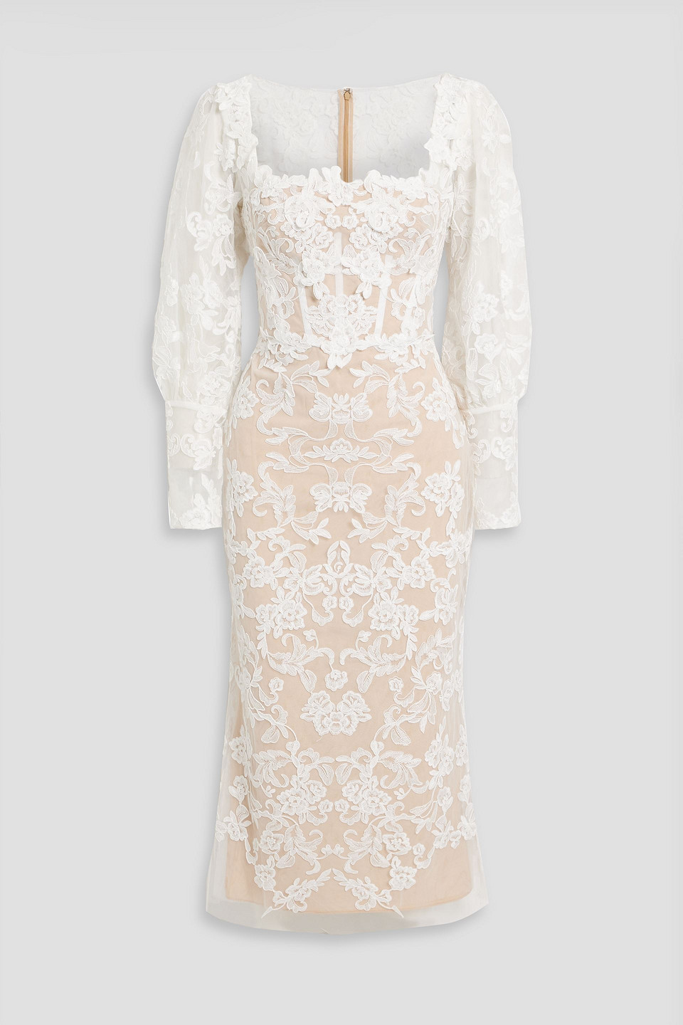 MARCHESA NOTTE FLORAL-APPLIQUÉD CORDED LACE MIDI DRESS
