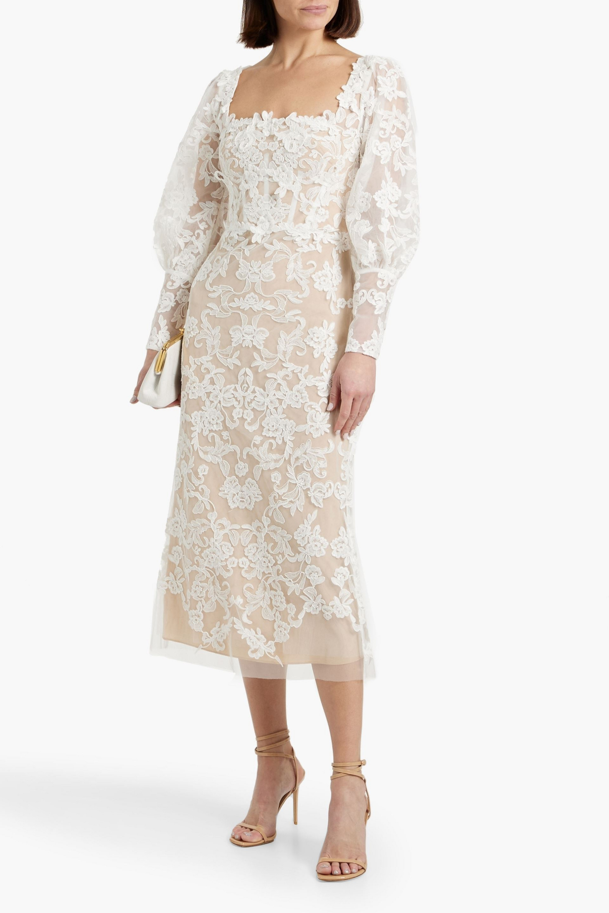 MARCHESA NOTTE Floral-appliquéd corded lace midi dress