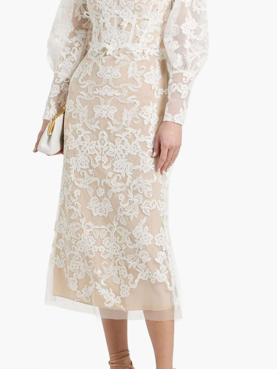 floral-appliquéd corded lace midi dress