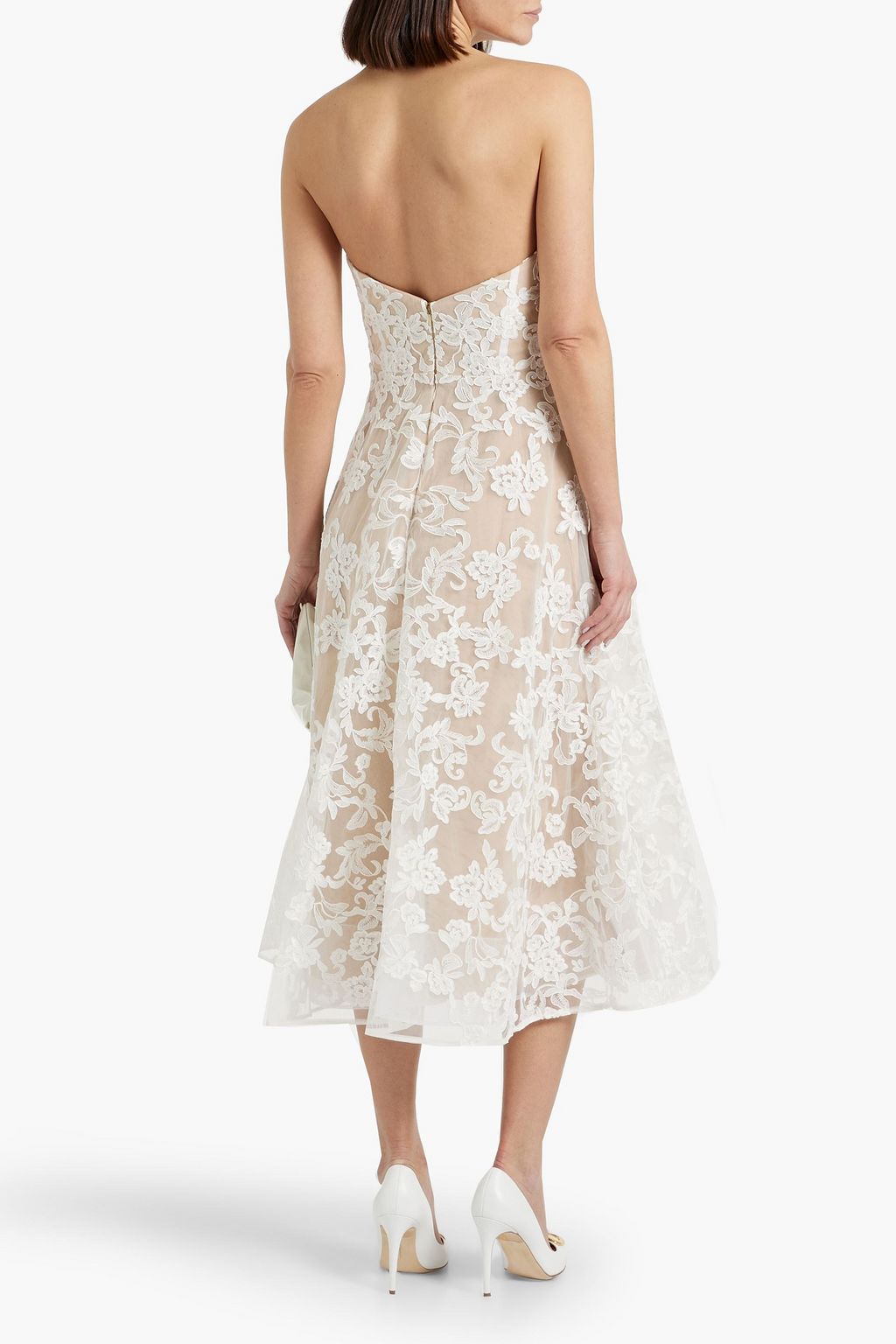 MARCHESA NOTTE コードレース ミディワンピース ストラップレス フローラルアップリケ付き