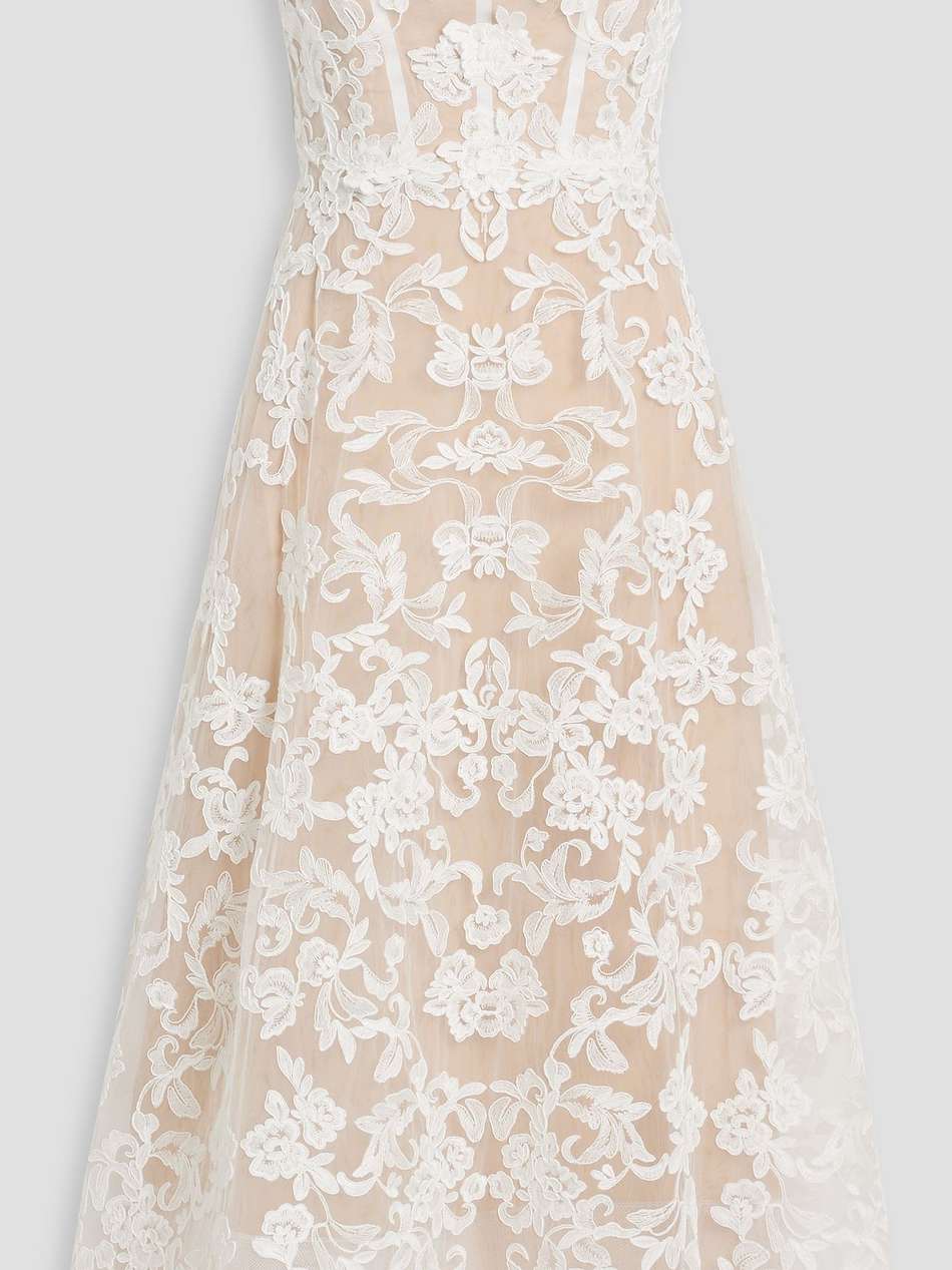 strapless floral-appliquéd corded lace midi dress