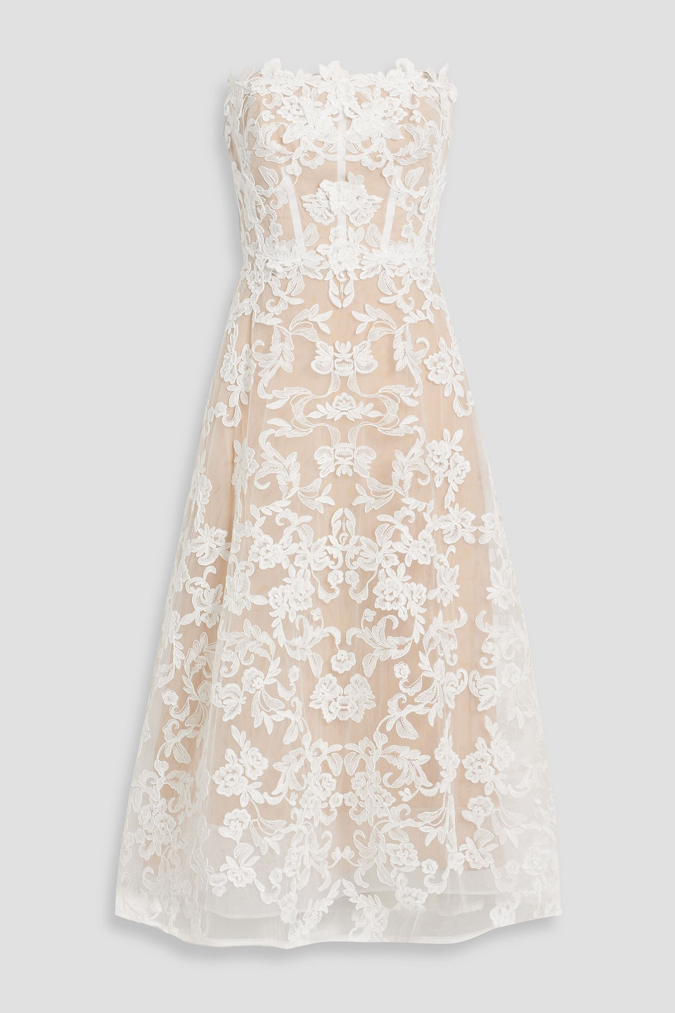 Marchesa Notte Strapless Floral-appliquéd Corded Lace Midi Dress In Ivory