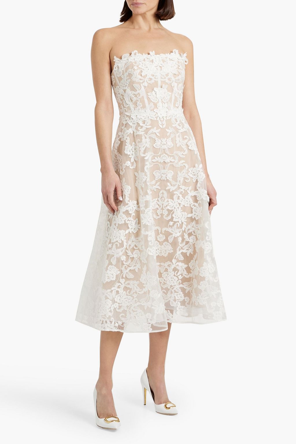MARCHESA NOTTE コードレース ミディワンピース ストラップレス フローラルアップリケ付き
