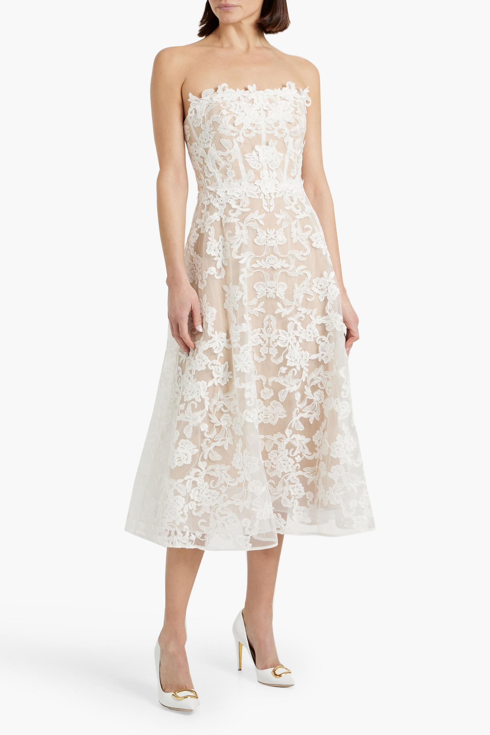 MARCHESA NOTTE Strapless floral-appliquéd corded lace midi dress